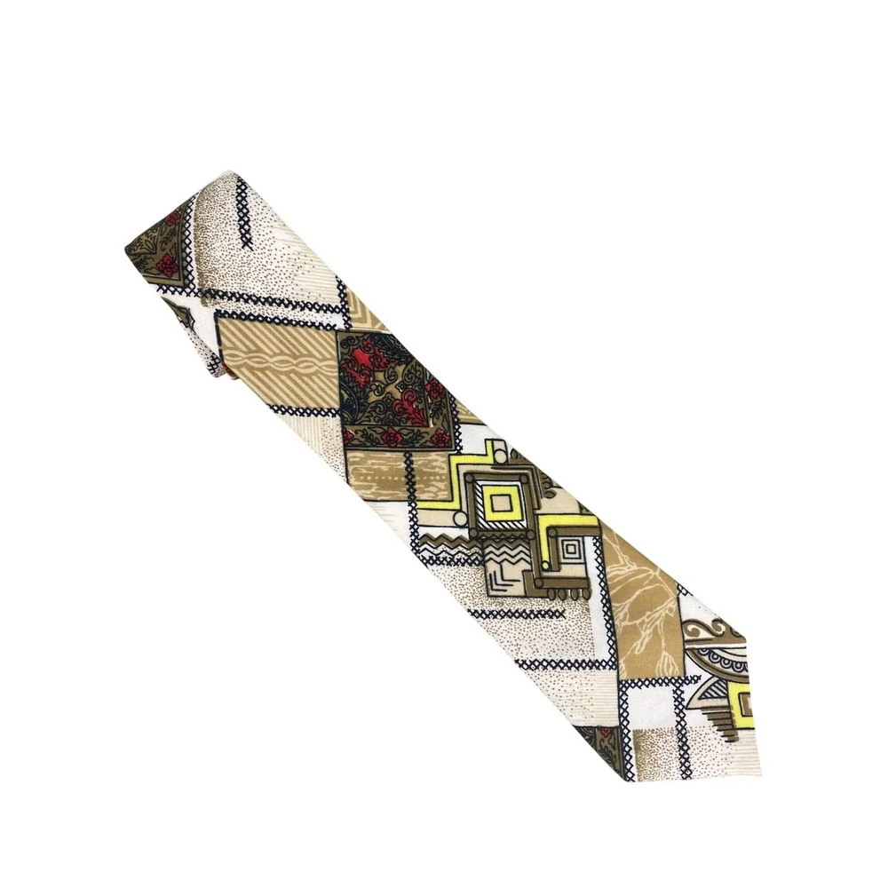 Valiant Mens Tie Tan Geometric Paisley Patchwork Retro Abstract Art Deco 58x3
